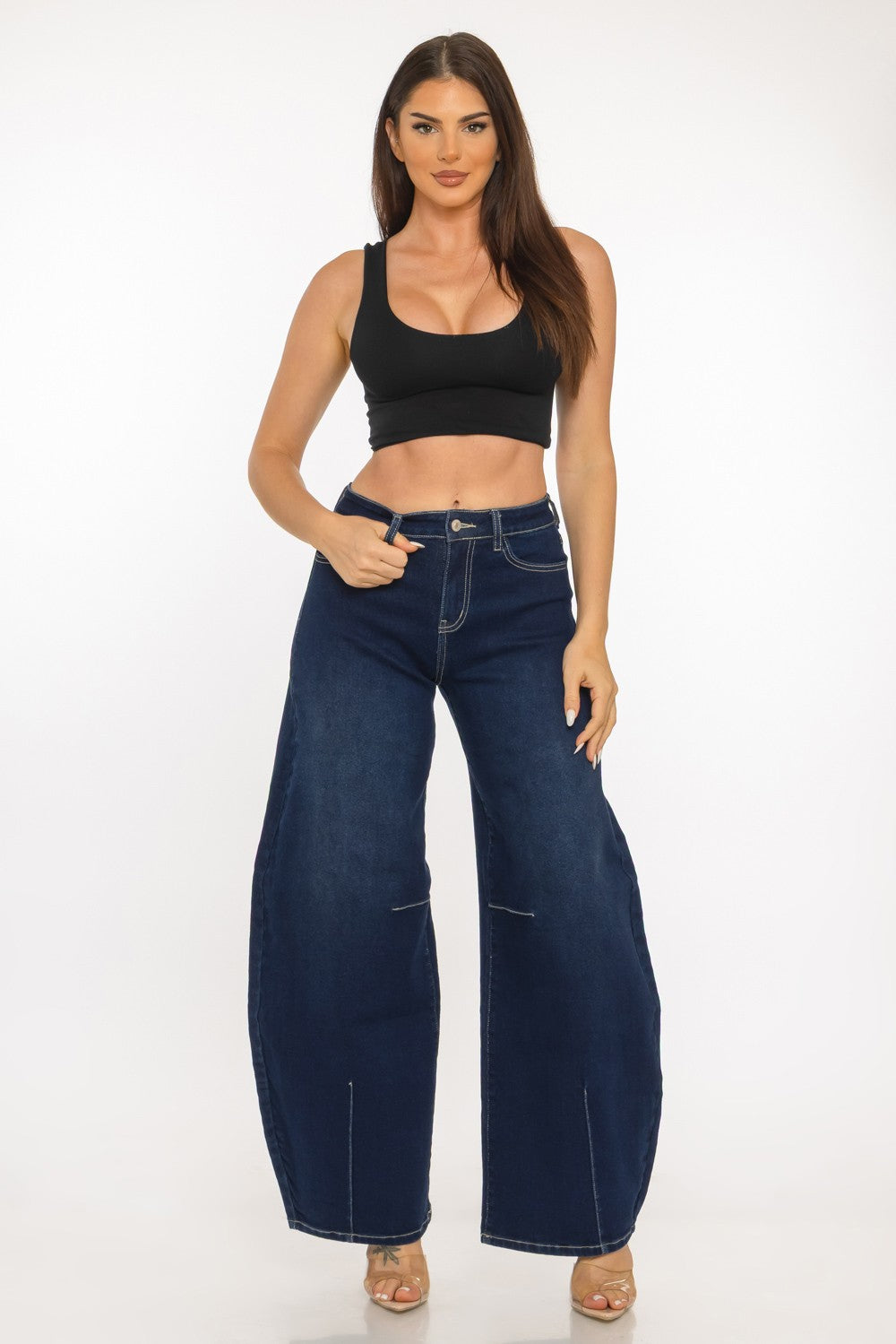 HIGH-RISE STRETCH BARREL LEG JEANS