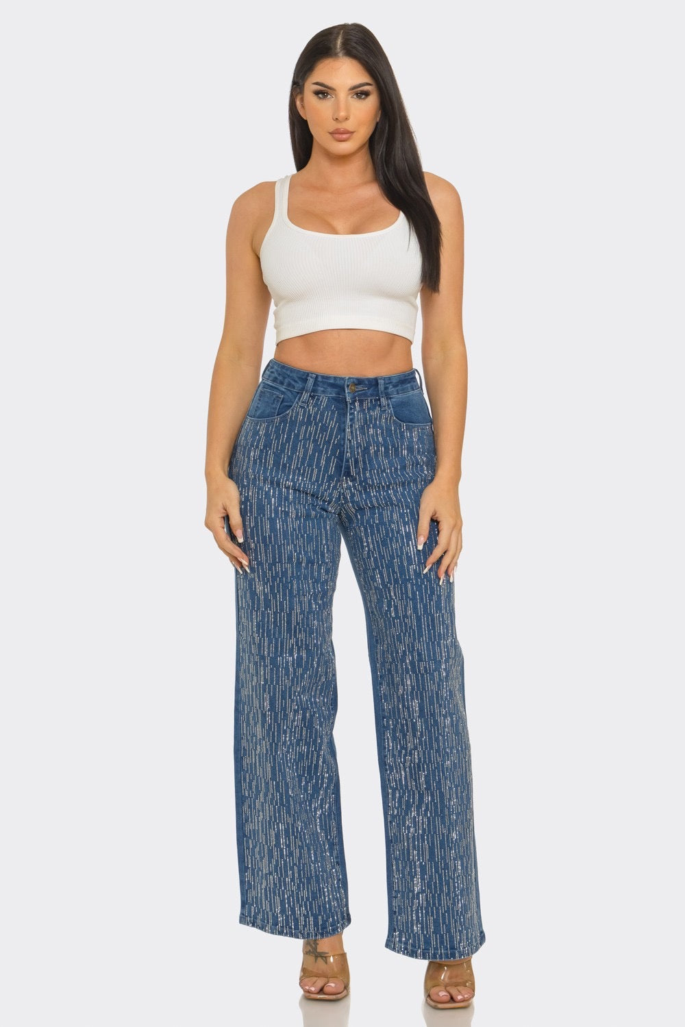 Rhinestone Embellished High-Rise Wide-Leg Jeans