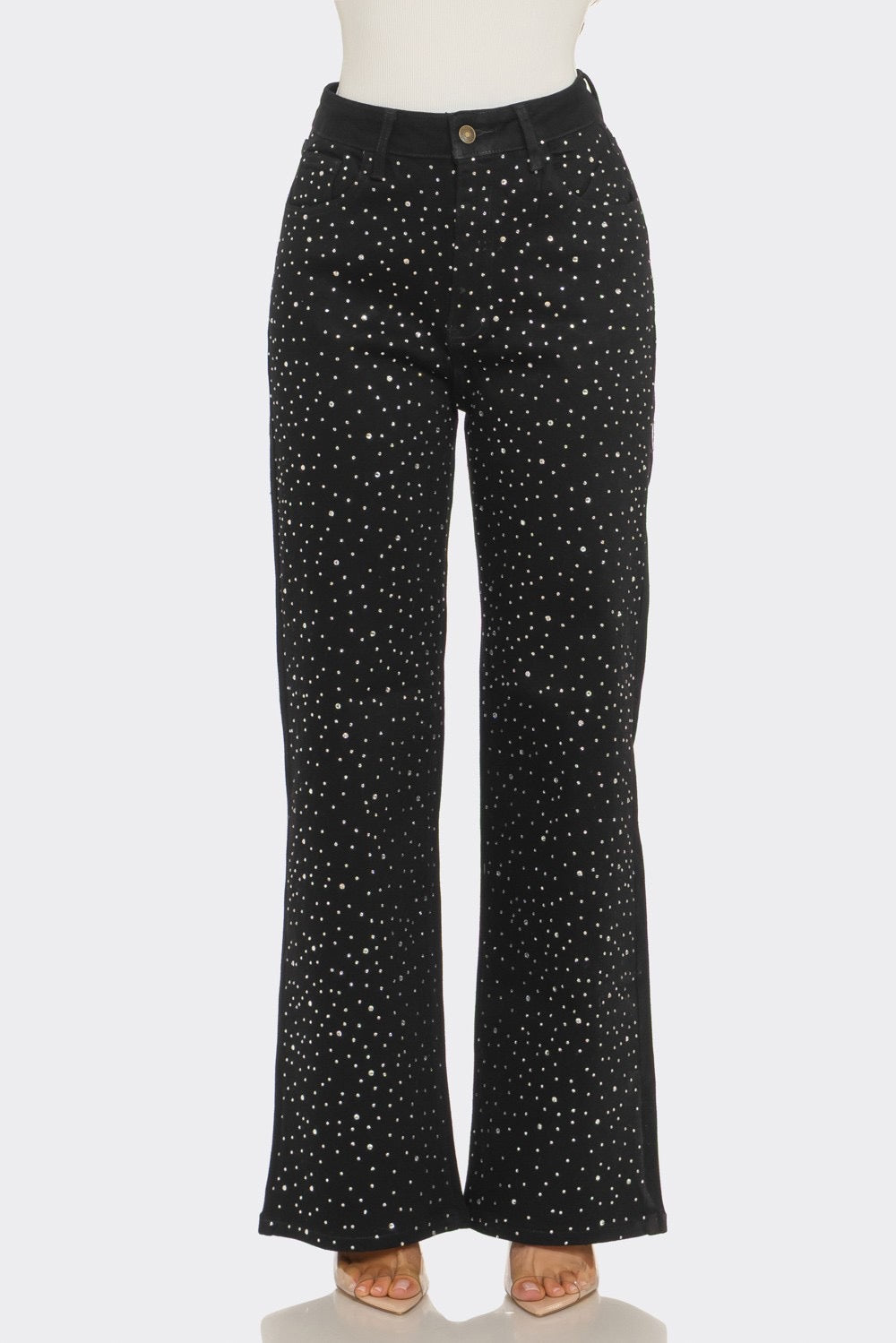 Rhinestone High-Rise Wide Leg Jeans – Black
