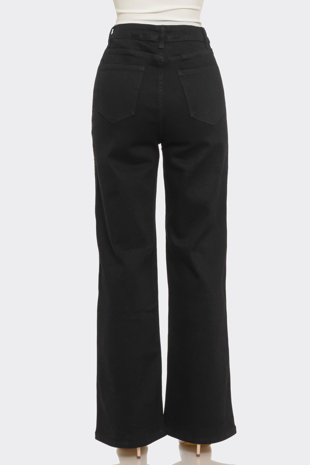 Rhinestone High-Rise Wide Leg Jeans – Black