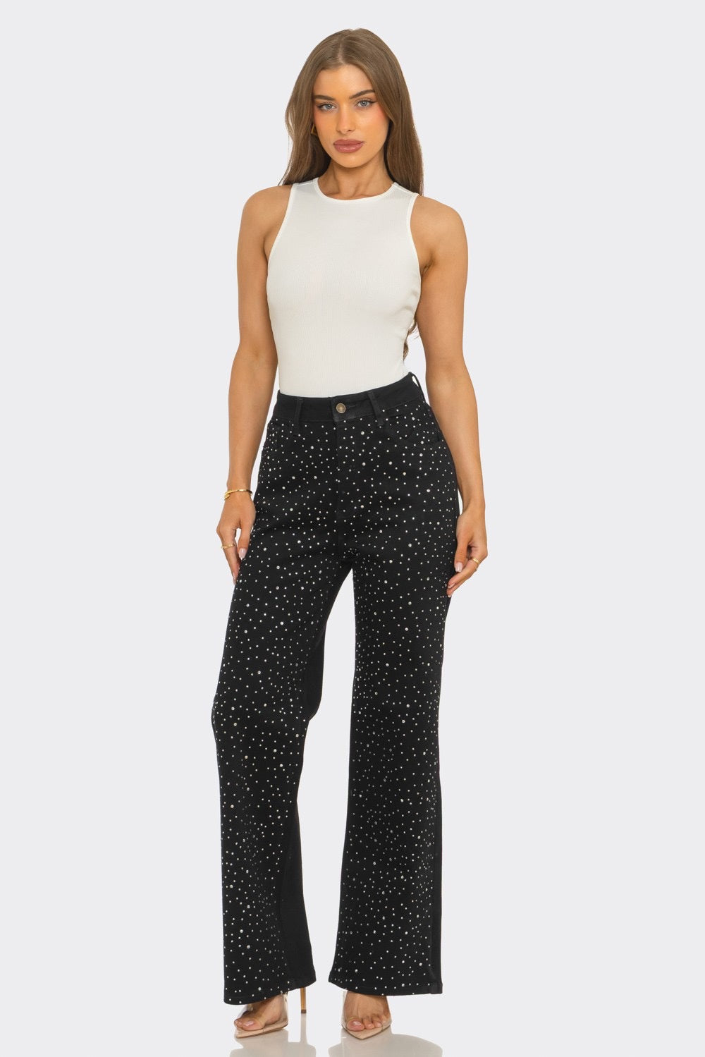 Rhinestone High-Rise Wide Leg Jeans – Black
