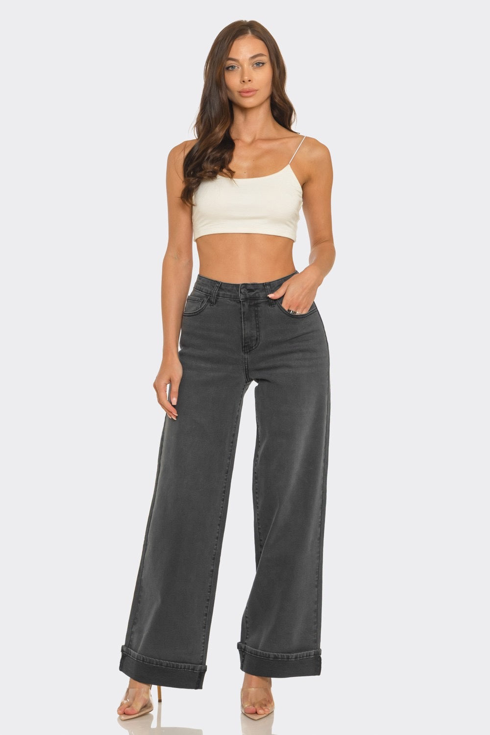 LA1592-HIGH RISE CUFFED WIDE LEG JEANS