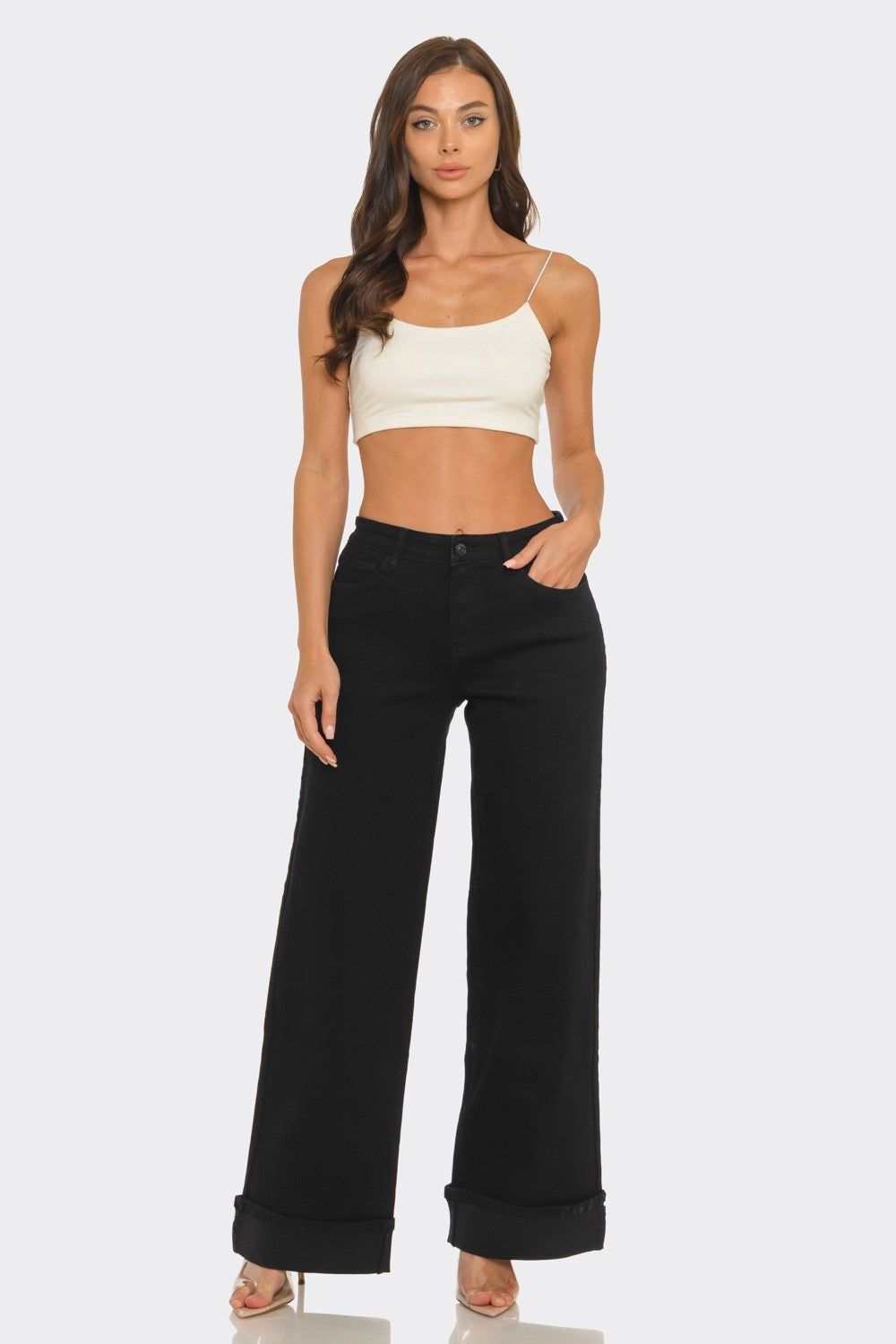 LA1592-HIGH RISE CUFFED WIDE LEG JEANS