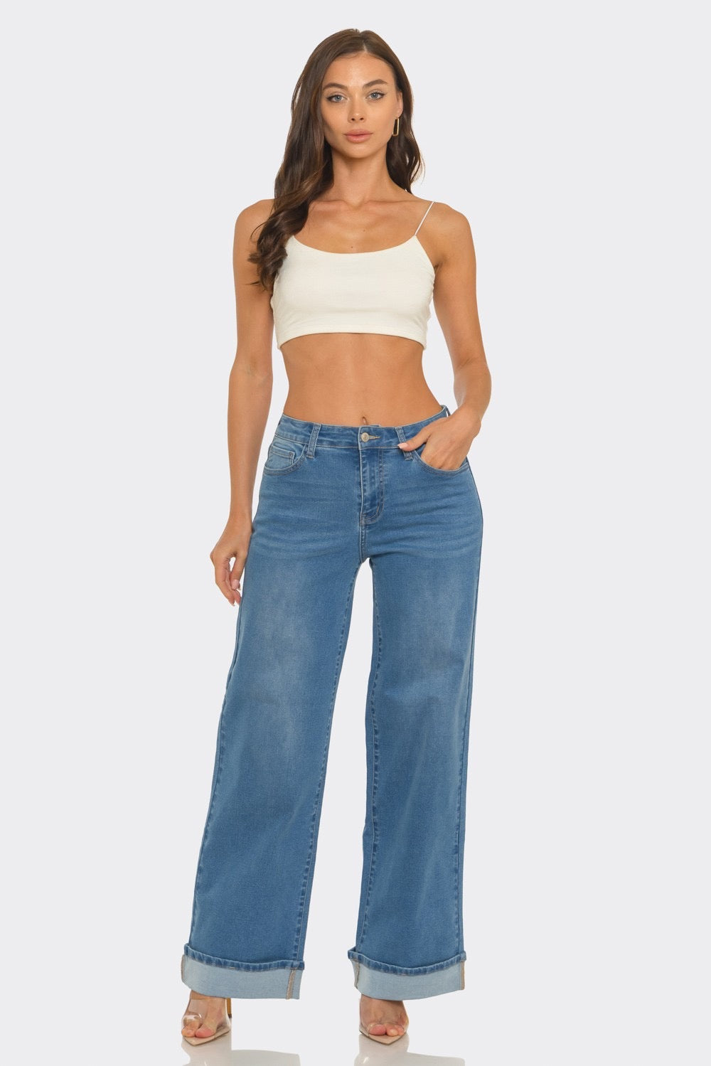 LA1592-HIGH RISE CUFFED WIDE LEG JEANS