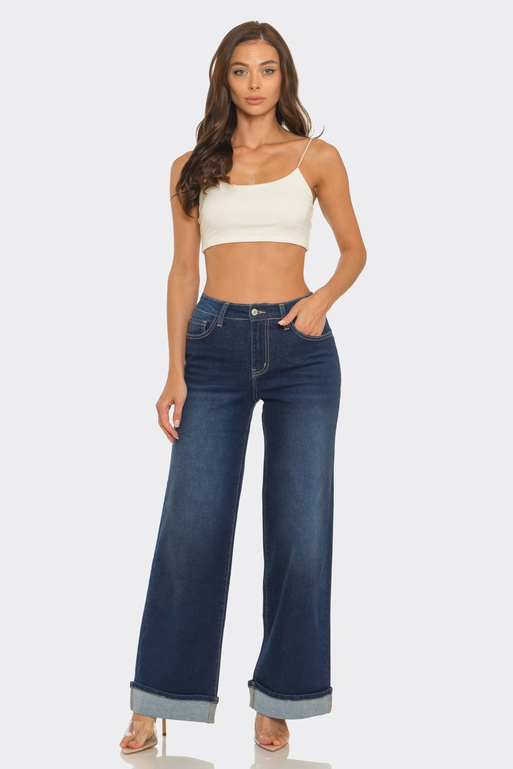 LA1592-HIGH RISE CUFFED WIDE LEG JEANS