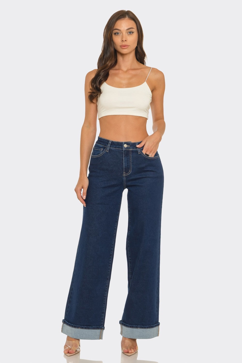 LA1592-HIGH RISE CUFFED WIDE LEG JEANS