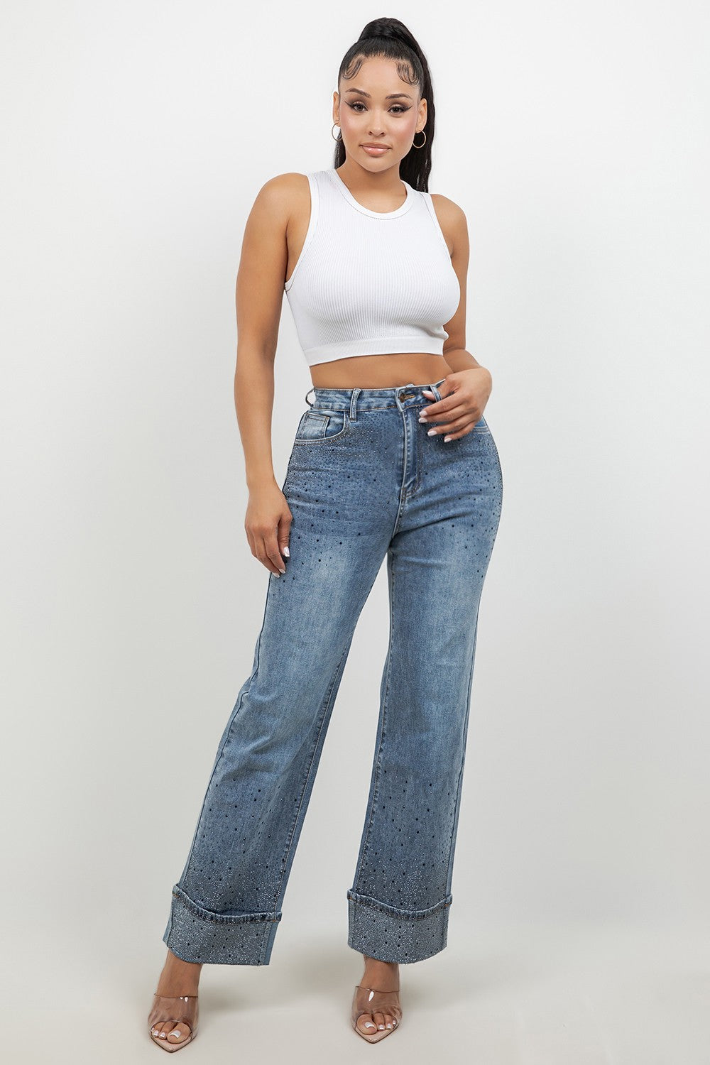 Rhinestone High-Rise Stretch Cuffed Wide Leg Jeans