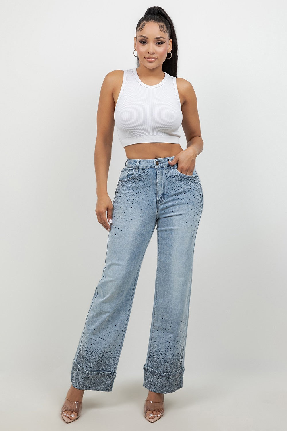 Rhinestone High-Rise Stretch Cuffed Wide Leg Jeans