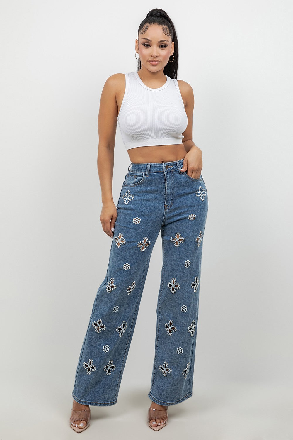 Embellished High-Rise Stretch Wide Leg Jeans