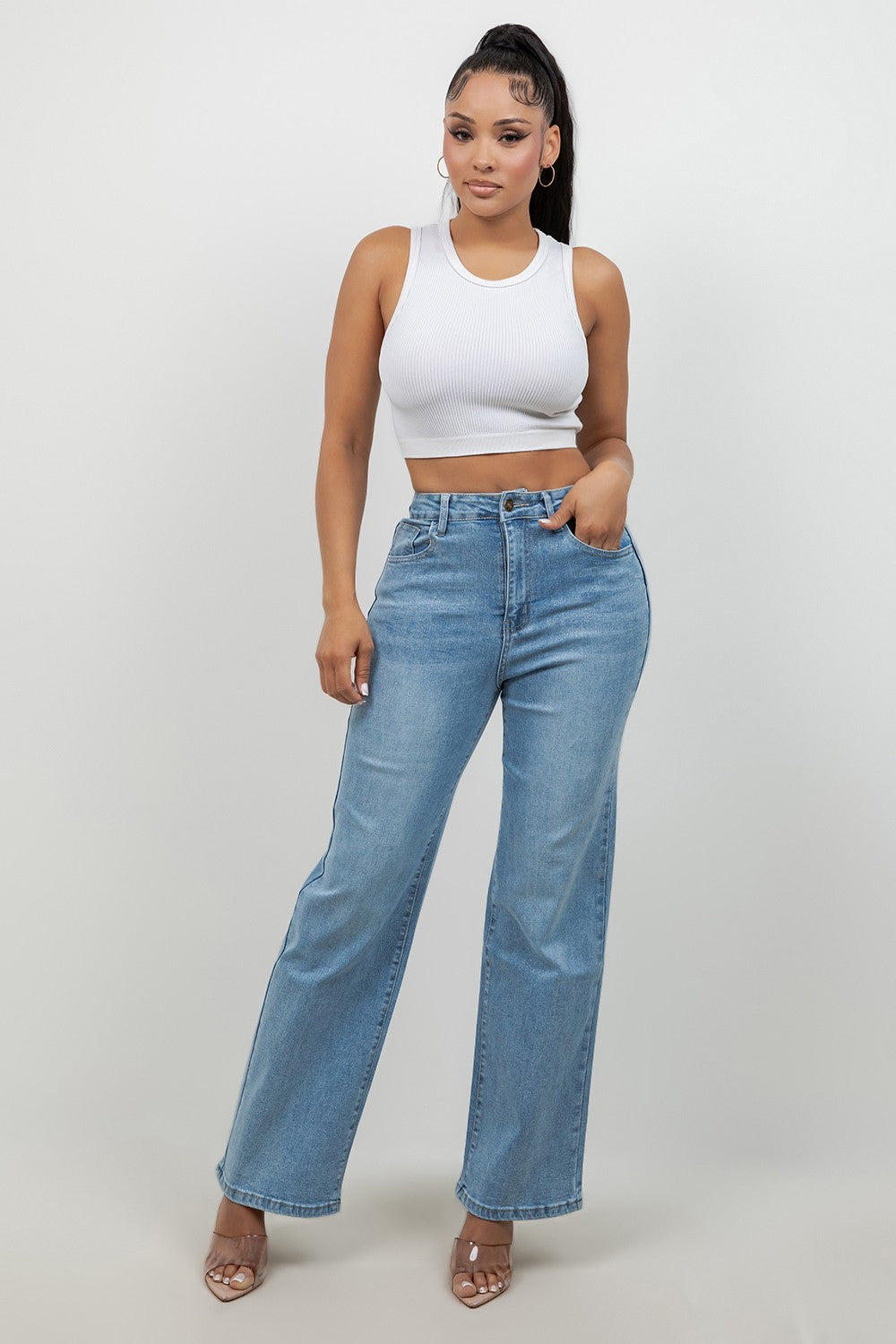 Glitter High-Rise Stretch Wide Leg Jeans
