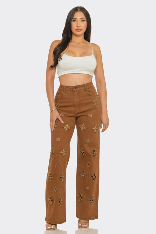 Embellished High-Rise Stretch Wide Leg Jeans