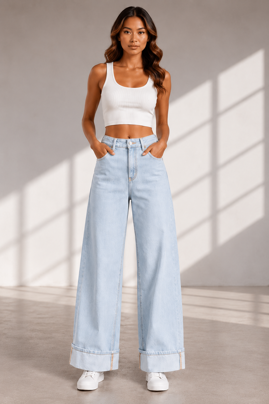 LA1592-HIGH RISE CUFFED WIDE LEG JEANS