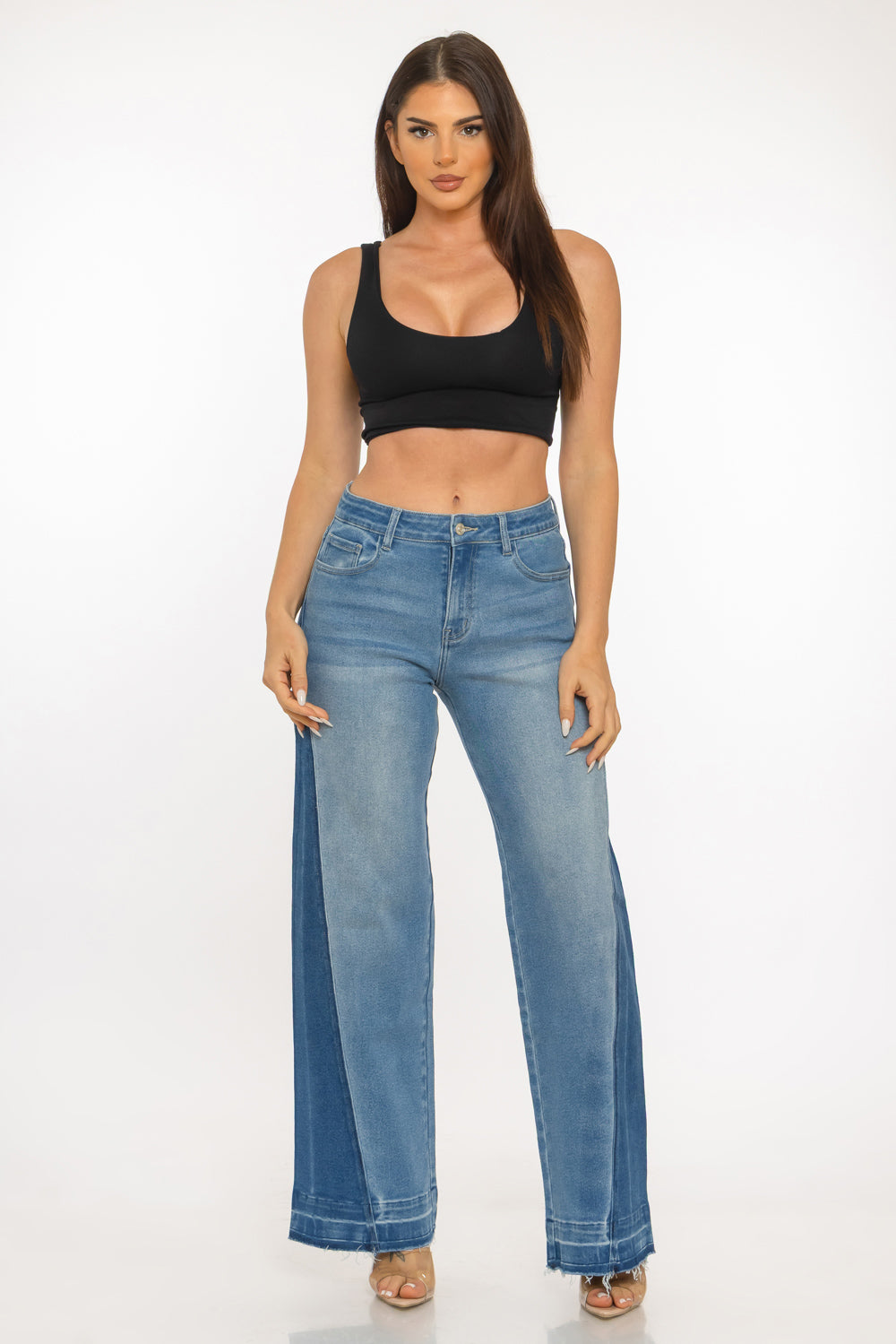 Two-Tone High-Rise Wide Leg Jeans – Medium Wash