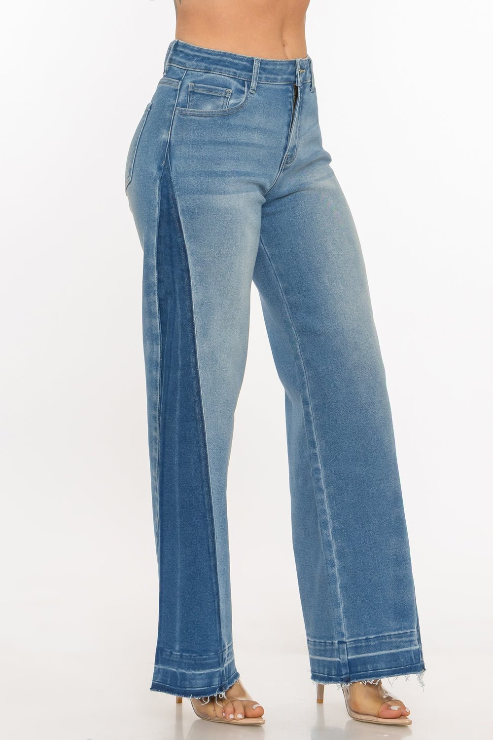 Two-Tone High-Rise Wide Leg Jeans – Medium Wash